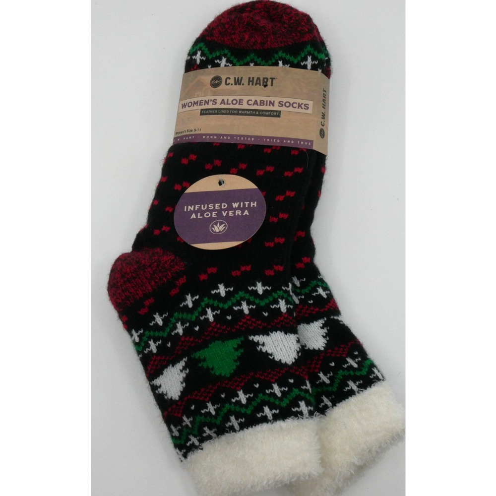 C.W. Hart Women's Cabin Socks Aloe Vera Size 9-11 Christmas Tree Holiday Design